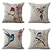 4 pièces Housse de coussin 45 cm x 45 cm - Couleurs à l'encre de style fleurs et oiseaux - Gris beige bleu - En coton - Pour canapé, maison, boutique, bar, club, voiture, chat, chien - Décoration