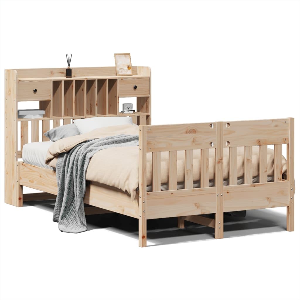 lite drewno sosnowe z 6 przegródkami i szufladami brąz 135 x 190 cm | Rama łóżka bez materaca 135x190 cm lite drewno sosnowe ze stelażem i szufladami, łóżko z pojemnikiem i zagłówkiem do