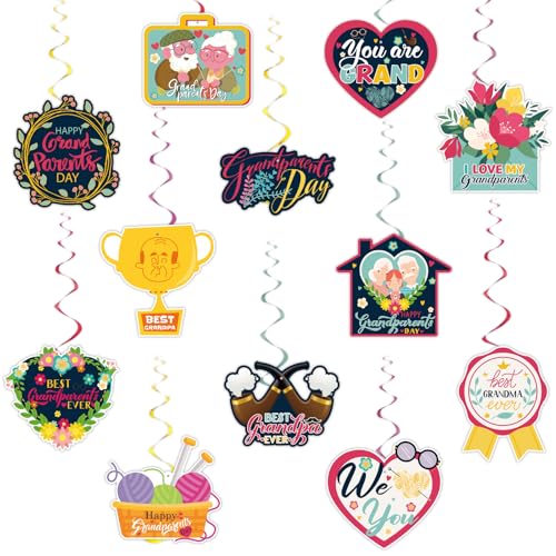 Happy Grandparents Day Hanging Swirls Party Supplies - Happy Grandparents Day Party Cut-Out Essential Decors - Grandma & Grandpa Outdoor Indoor Party Decoration Swirls - Set of 12 Counts