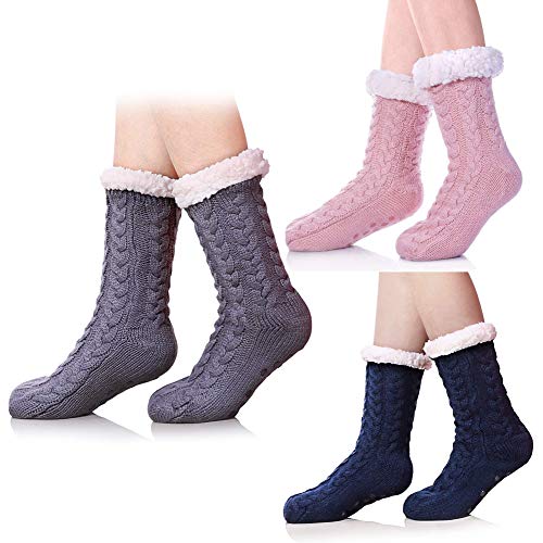 SDBING 3 Pack Women's Winter Super Soft Warm Cozy Fuzzy Fleece-lined Christmas Gift With Grippers Slipper Socks