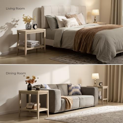 Image of SICOTAS Rattan Nightstands Set of 2 - Boho Shelf Bedside Tables Narrow End Table Living Room Set of 2 Side Table with Rattan Storage Shelves for Small Space - Light Oak