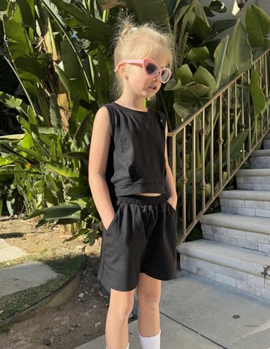 Image of Arshiner Girls 2 Piece Short Sets Sleeveless Tops and Shorts with Pockets | Round Neck Waist Elastic Sport Clothing Outfits Perfect for Spring Summer