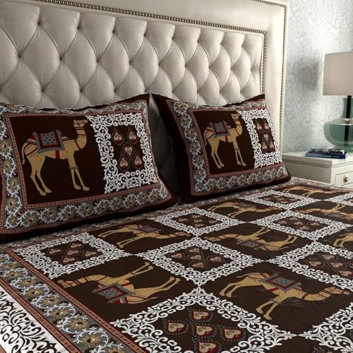 Image of La Verne 104 TC Cotton Double Bed Bedsheet Jaipuri Rajasthani Print Bedsheet with 2 Pillow Covers (Brown)