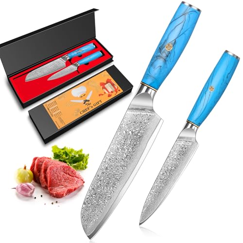 KyushuBlade 包丁2本セット【三徳包丁+ペティナイフ】プロ用ダマスカス包丁セット, キッチン用万能包丁セット. 手打ち鍛造キッチン・ナイフセット, 本物のダマスカス模様 両刃包丁 左利き用. 錆びにくい67層の高炭素ステンレス鋼 料理包丁セット. 人間工学に基づいたブルー・ターコイズのハンドル. 切れ味良い 肉切り 魚切り 果物切り 多機能 家庭用 業務用 贈り物. ギフトに最適