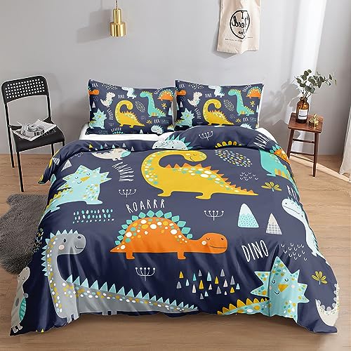 HOSIMA Niedliches Dinosaurier-Bettwäsche-Set für Erwachsene, Jungen und Mädchen, niedlicher Aquarell-Dinosaurier-Druck, Bettbezug mit 2 Kissenbezügen (Aquarell-Dinosaurier S)