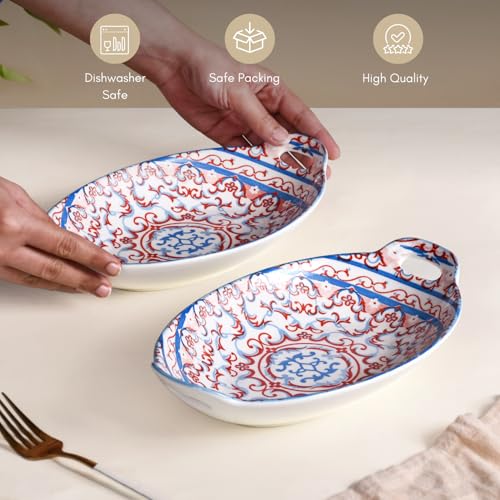 Image of Nestasia Set of 2 Red and Blue Mandala Design Ceramic Serving Dish with Handles for Snacks, Appetizers, Salads, and Noodles| Microwave Safe, Dishwasher Safe (10.8 Inch)