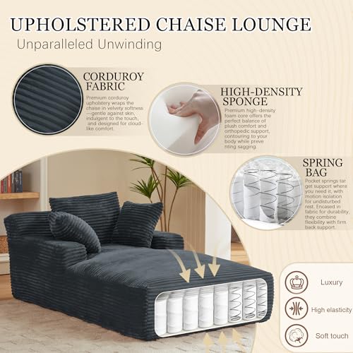 Image of 80 Inch Chaise Lounge Chair Indoor, Oversized Corduroy Upholstered Boneless Sofa Bed, Deep Seat Sleeper Couch Reading Chairs, Cloud Sofas Couches for Living Room, No Assembly Required (Dark Grey)