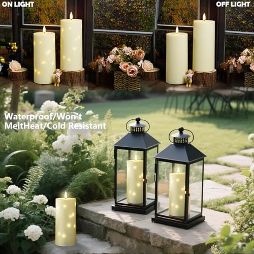 Image of YOROXRG 4 inch x 10 inch Large Outdoor Waterproof Flickering Flameless Candles with Timer,2Pcs Battery Operated LED Pillar Candles with Embedded Star String for Outdoor Lanterns,Porch,Patio Decor(Ivory)