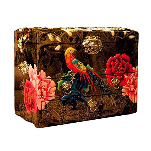 Preisvergleich Produktbild Cxjff Schmuckschatulle Perlmuttvögel und Pfingstrose Blumendesign Lackiertes Holz Rot Verspiegelter Schmuck Schmuckstück Andenken Schatz Geschenkschatulle Etui Brust Organizer Frau