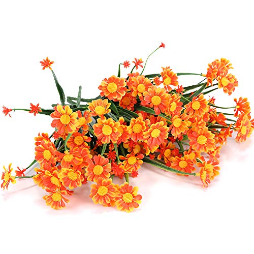 TEMCHY 8 Bundles Artificial Daisies Flowers Outdoor UV Resistant Fake Foliage Greenery Faux Plants Shrubs Plastic Bushes for Window Box Hanging Planter Farmhouse Indoor Outside Decor(Orange Red) - Thumbnail 4