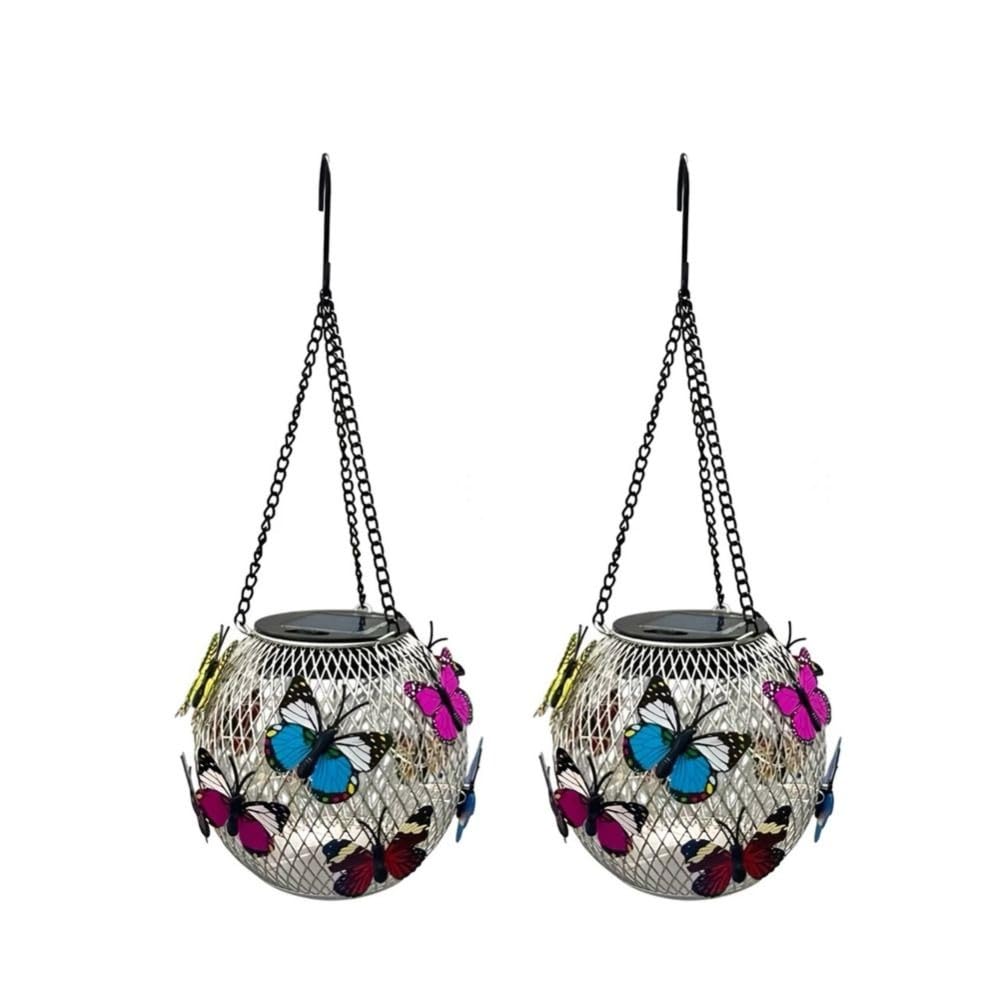 Hndhbfgrt 2PCS Solar Butterfly Garden Lamp Colourful Butterflies Metal Solar Lantern Metal Hanging Outdoor Lights Yard Decor for Butterfly Birthday Gifts