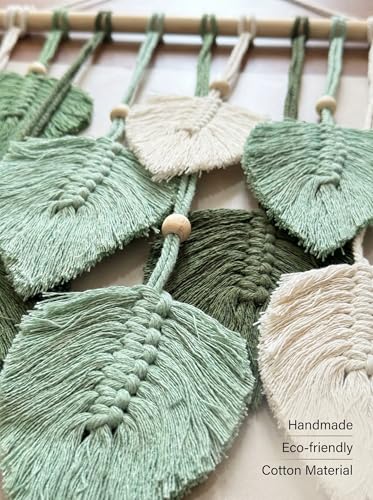 Image of JH Gallery Handmade Macrame Leaf Wall Hanging - Boho Cotton Tapestry with Wooden Beads for Elegant Bedroom, Living Room & Balcony Decor(Green and White)