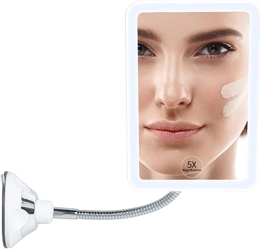 Makeup Mirror Vanity Mirror with Lights, Flexible Gooseneck Lighted 5X Magnifying Square Mirror with 360 Degree Swivel, Portable Vanity Mirror for Travel and Home Bathroom Shower, Battery Operated