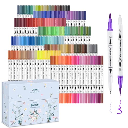 Ohuhu 160 Feutre Coloriage Adulte, Aquarelle Stylos Feutres Double Pointe Fine et Pinceau pour Calligraphie Mandala Dessin Colorant, Maui – Boîte Blanche