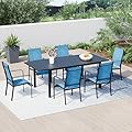 BUPPLEE 7-Piece Expandable Outdoor Patio Dining Set for 6-8 Person - 6 Stackable Texlin Sling Chairs & 38"-84" Rustproof Steel Table, Weatherproof Furniture for Backyard/Balcony/Poolside