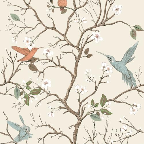 VEELIKE Vintage Branches Bird Wallpaper Peel and Stick Ivory Cream