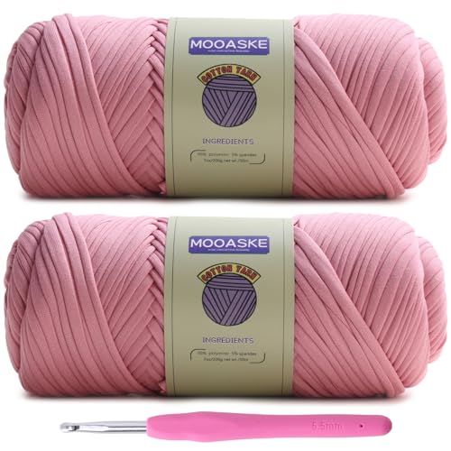 Image of Mooaske 2 Pack T-Shirt Crochet Yarn for DIY Knitting Crochet Cloth Blanket Bag Dolls - 400g Chunky Thick Yarn for Crocheting with Polyester-Spandex Blend Elastic Fabric (Light Pink)