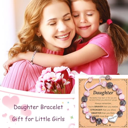 Image of Granddaughter Daughter Gifts -Heart Natural Stone Beaded Bracelet for Girls, Valentines Birthday Gifts for Girls Daughter Granddaughter
