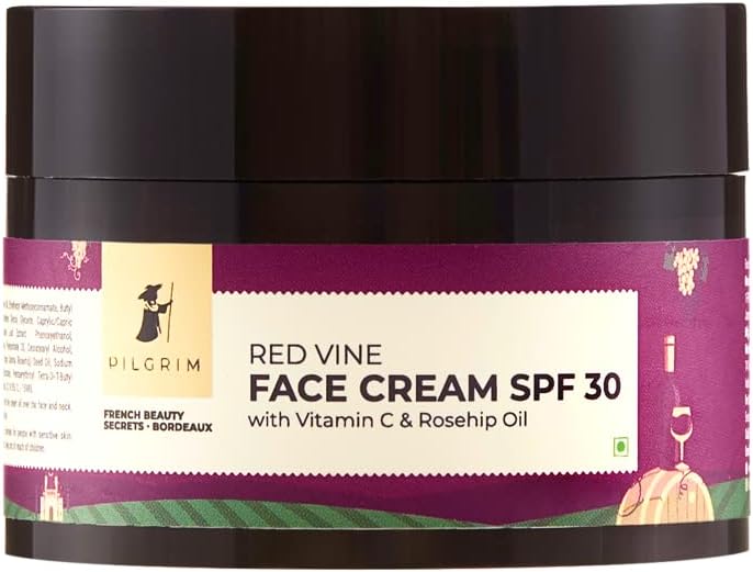 PILGRIM French Red Vine Face Cream with SPF 30 Sunscreen, Rosehip Oil & Vit C For Anti Ageing, Sun Protection PA+++, Daily Use, Dry, Oily, Combination Skin, Men & Women, 50g PILGRIM French Red Vine Face Cream with SPF 30 Sunscreen, Rosehip Oil & Vit C For Anti Ageing, Sun Protection PA+++, Daily Use, Dry, Oily, Combination Skin, Men & Women, 50g