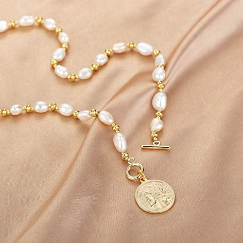 Y2K Pearl Choker Necklace Baroque Cultured Handpicked Pearl 18K Gold Plated Bead Ball Chain Coin Charm Pendant Vintage Jewelry Gifts for Women Men4