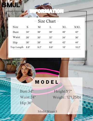Image of BMJL Women's High Waisted Bikini Ribbed Two Piece Swimsuit High Cut Color Block Adjustable Straps Bathing Suit
