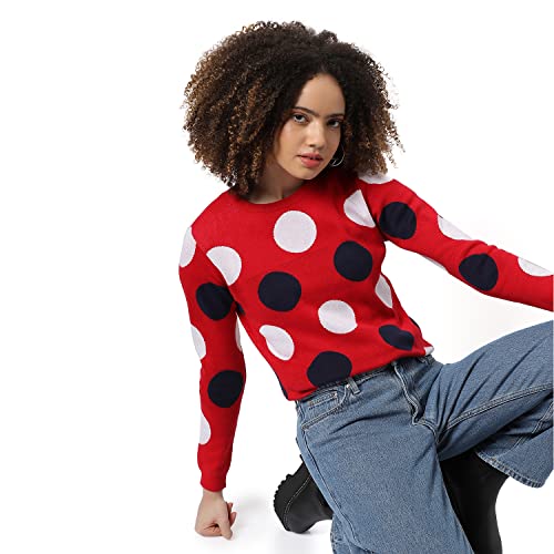 Image of Campus Sutra Women Red Polka Dot Regular Fit Sweater for Winter Wear | Round Neck | Full Sleeve | Woolen Sweater | Casual Jacket for Woman & Girl | Western Stylish Jacket for Women