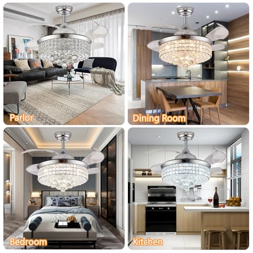 Trssdre 42" Crystal Fandelier Ceiling Fan with Lights, Retractable Invisible Modern Chandelier Ceiling Fan with Remote Control for Bedroom Living Room Chrome Fandeliers 6 Speed 3 Colors - Image 6