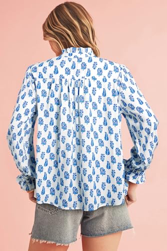 Women's Sky Blue Boho Floral Printed Lantern Sleeve Frilled Neck Shirred Shirt2