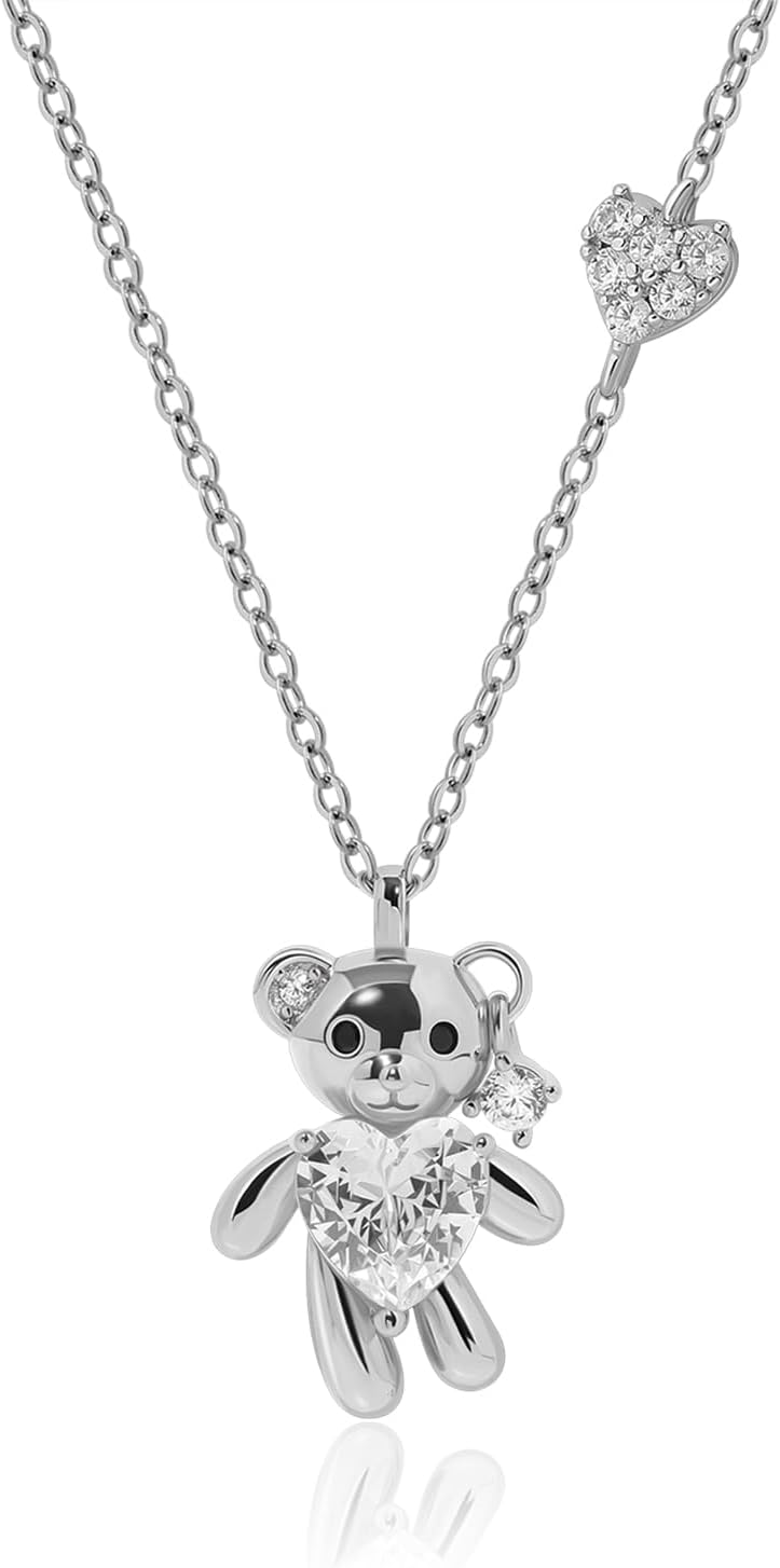 Meissa Silver Necklace for Women Cute Teddy Bear Pendant Necklace Heart Diamond Chain Necklace Birthday Jewelry Gift