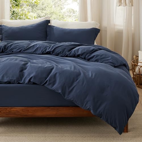 Image of Bedsure Duvet Cover King Size with Fitted Sheet - 4 Pieces Prewashed Polyester Soft Bedding Set, Includes 1 Duvet Cover 104x90 Inches with Zipper Closure, 2 Pillow Shams, 1 Fitted Sheet, Navy Blue
