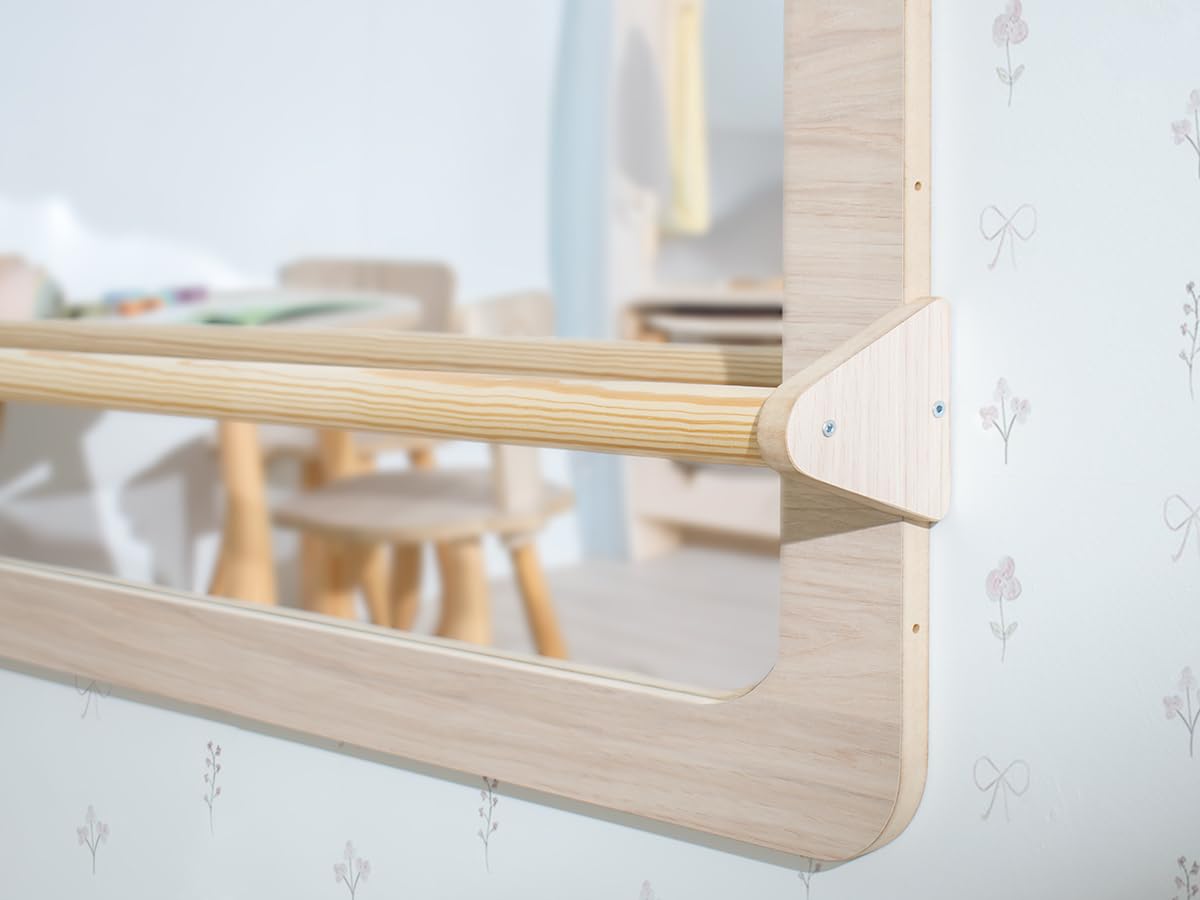 Bainba Espejo Montessori bebé con Barra Abedul | 3 Posiciones Regulables | Cristal Irrompible de Seguridad | 112 x 60 cm | Fijación en la Pared | Hecho en España