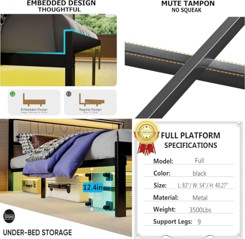 Image of J.Fkne Full Bed Frames with Charging Station and LED Lights, Full Size Platform Bed with Metal Slats, Upholstered Headboard with 2-Tier Storage Shelves, No Box Spring Needed, Easy Assembly, Black