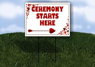 Ceremony Starts Here Red Frame With Hearts Right Arrow Single Sided 18x24 in. Yard Road Sign w/Stand