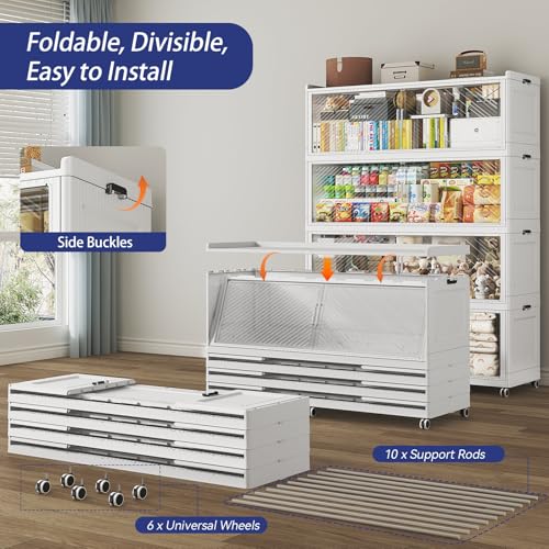 Image of 150 Gallon Extra Large Collapsible Storage Bin with Lid, 960QT Stackable Plastic Organizer with 6x Wheels, Foldable Drawer Cabinet for Closet, Living Room Office, Kitchen 3Pack, White