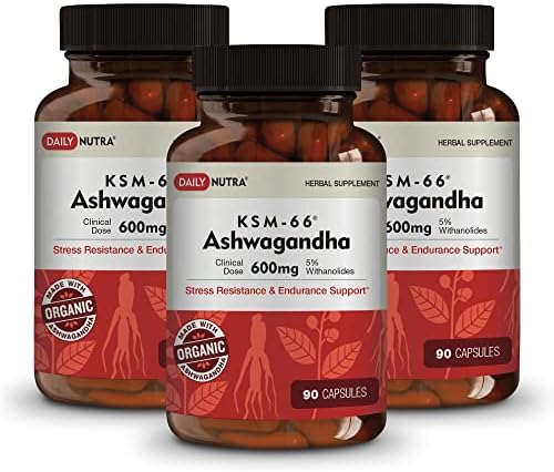 DailyNutra KSM-66 Ashwagandha 600mg Organic Root Extract - High Potency Supplement with 5% Withanolides | Stress Relief, Increased Energy and Focus (3-Pack)