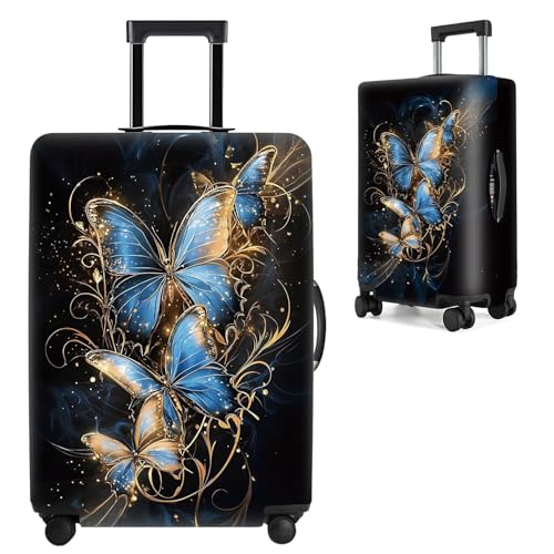Image of Elegant Butterfly Luggage Cover for 20-22 Inch Suitcase - Blue and Gold Artistic Insect Design Travel Protector - Washable Stretch Suitcase Cover for Stylish Travelers,S