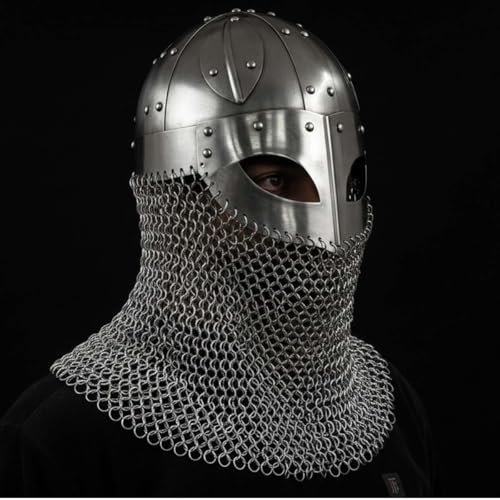 THOR INSTRUMENTS Capacete viking Battle Armor de aço 18 g e máscara de malha de corrente, cor prateada, rústica, vintage, decoração de casa, presentes