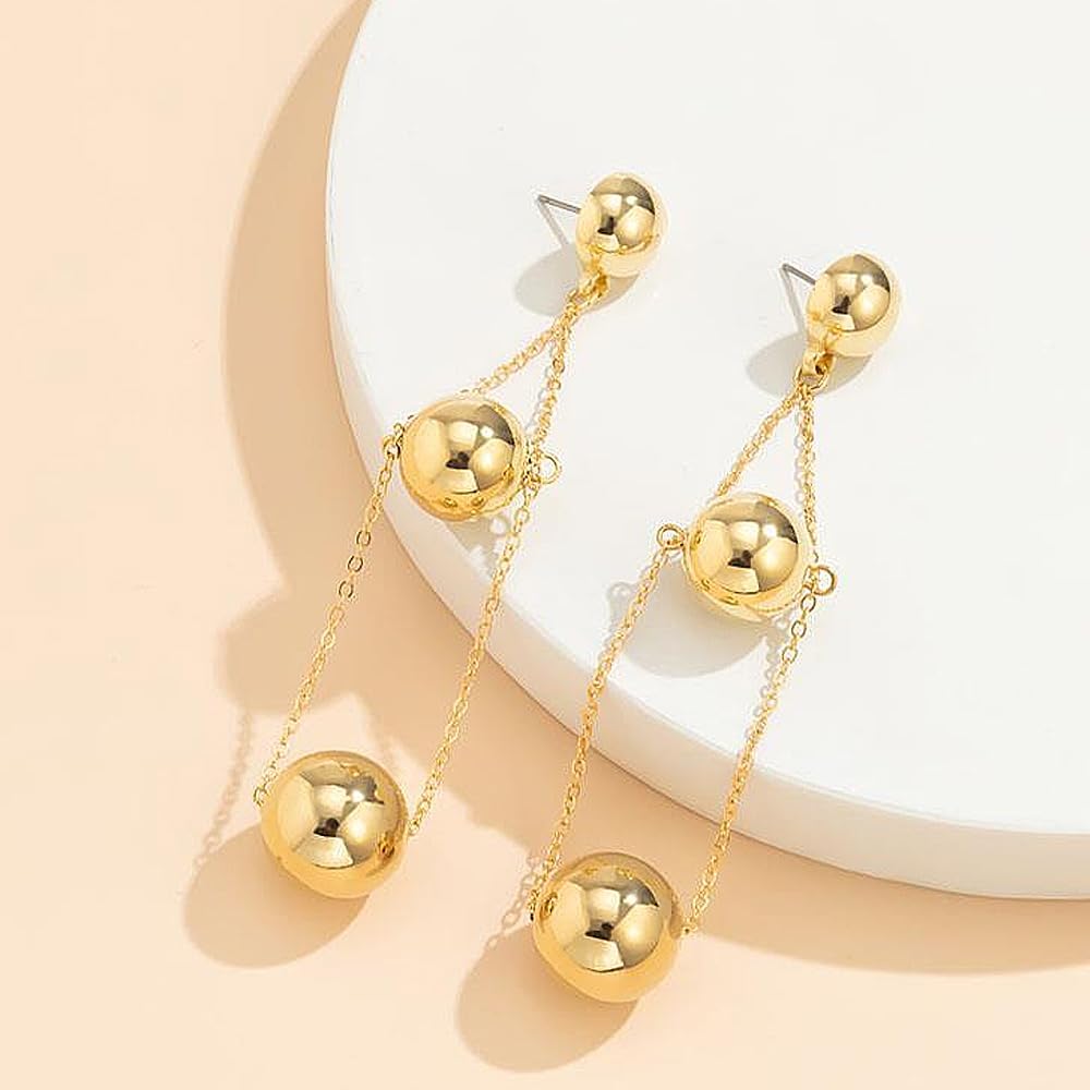 14K Gold Ball Drop Dangle Earrings for Women,Dainty Triple Round Balls Beaded Statement Earrings Vintage Thin Link Chain Jewelry Accessories - Image 5