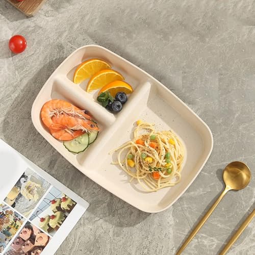 Image of Eco Friendly Wheat Straw Plates with 3 Compartments Food Separator Plastic Trays for Dinner, Cake, Fruits, Salad, Cupcake, Steak, Pasta Microwave Dishwasher Safe (Beige, Pack of 2)