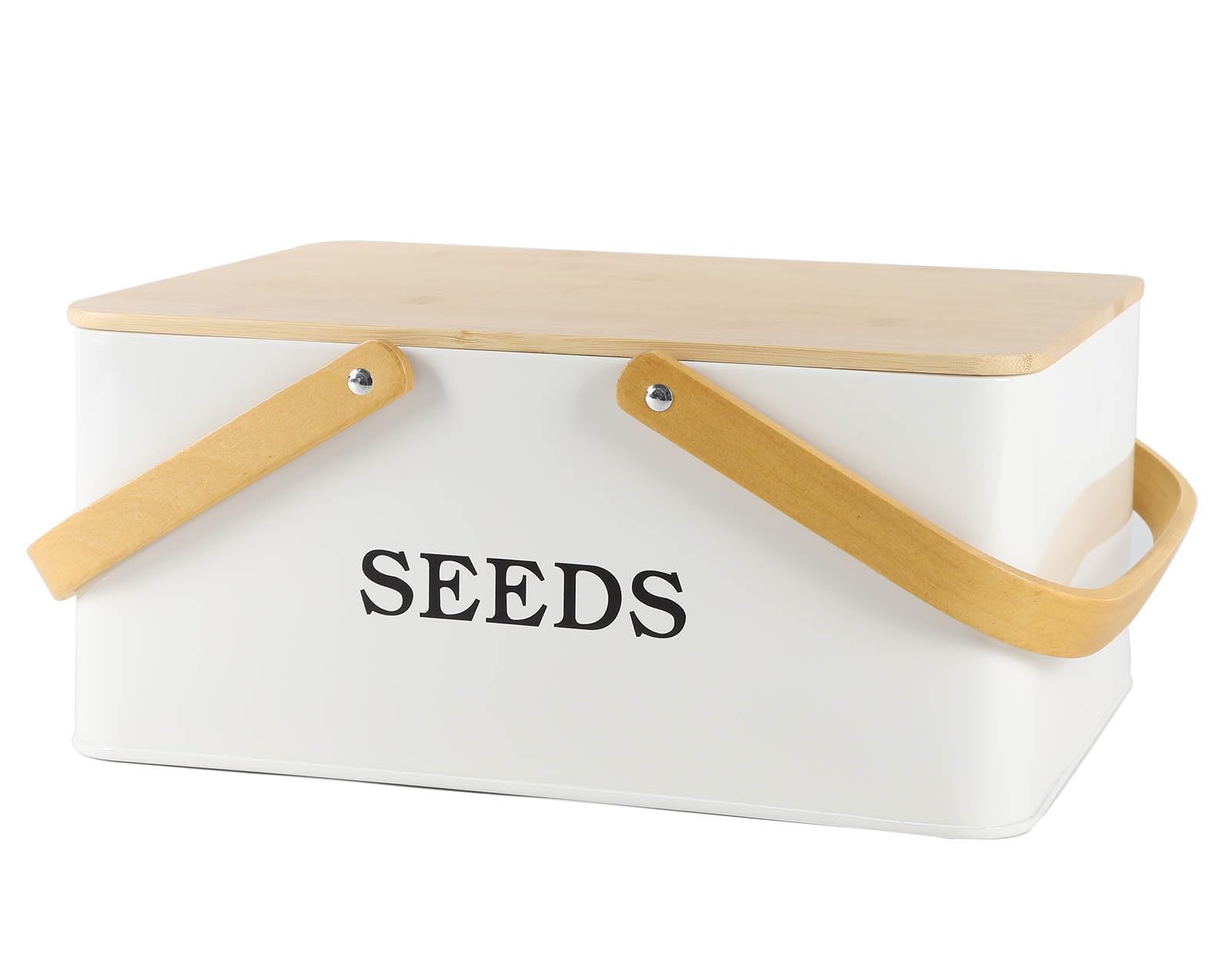 Boîte à semences, boîte de rangement de graines avec couvercle en bois, boîte de rangement en métal avec poignées, boîte de rangement à 4 compartiments, boîte de rangement de semences,