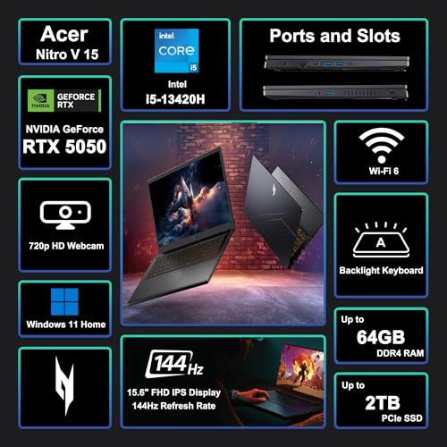 Image of acer Nitro V 15 Gaming Laptop 15.6 inch FHD IPS 165Hz Intel 8-core i5-13420H 16GB DDR4 1TB SSD GeForce RTX 5050 GDDR7 DLSS4 (Up to 440 AI Tops) Backlit Thunderbolt WiFi6 Win11 w /ICP Hub