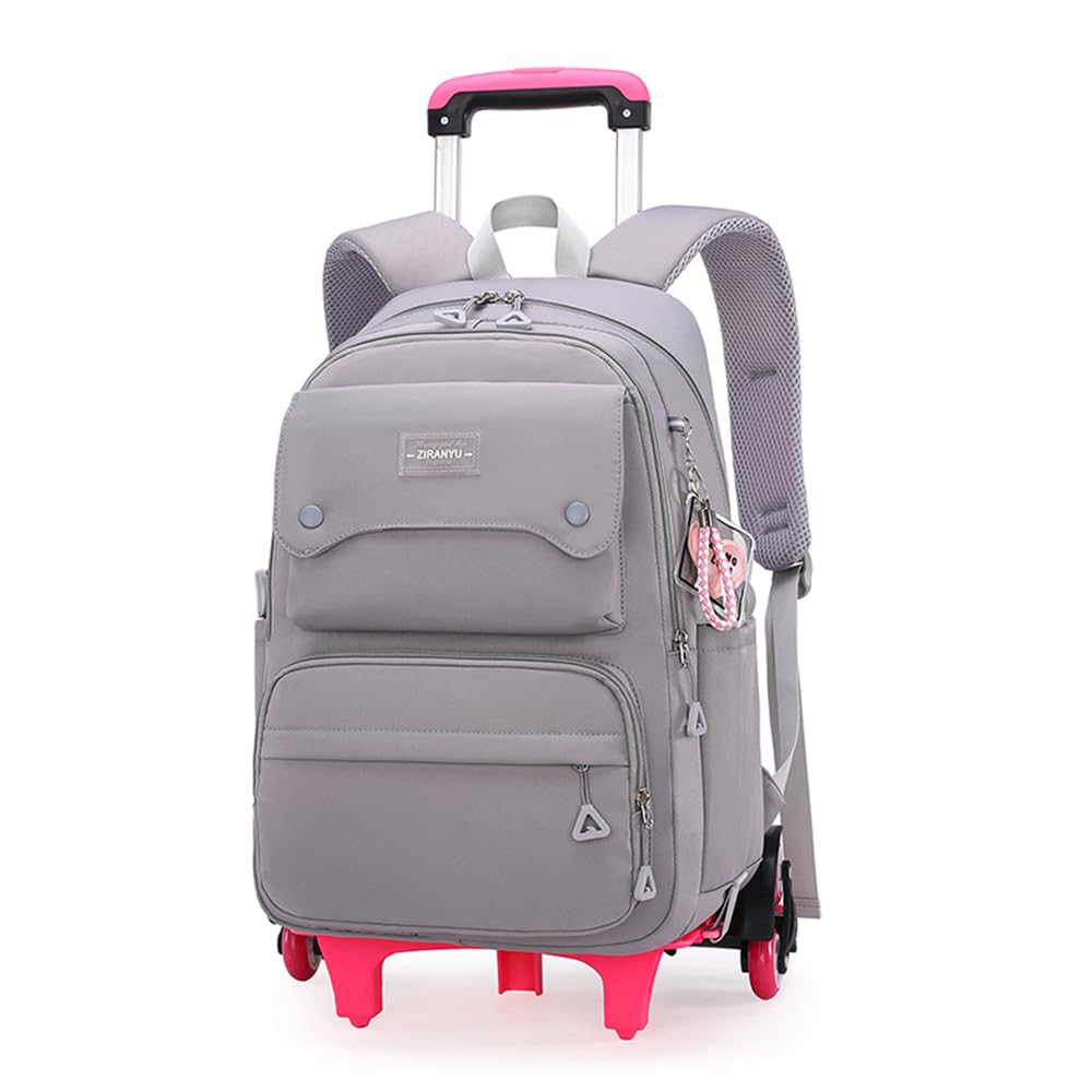 LANSHIYASolid Color Girls Rolling Backpack with Wheels Schoolbag Elementary School Student Trolley Daypack