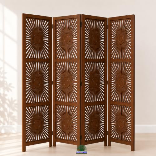 Image of Wooden Room Divider Partition for Living Room | Foldable 4 Panel Decorative Privacy Screen Separator for Home, Office & Bedroom | Modern (Sun Brown)