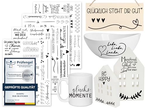 Sugeru Rub On Sticker - 4PCS Set | Sprüche Deko für Geburtstag, Raysin Keraflott, Silikonformen Gießformen, Hochzeit, Familie Folie für Möbel, Glas, Holz, Fotoalbum, Aufkleber Aesthetic (Glücklicher)