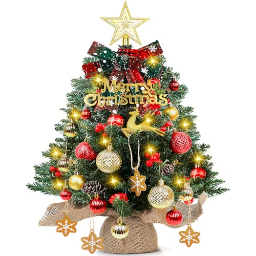 24/60cm Mini Christmas Tree with Lighting LED, Battery Operated Small Artificial Xmas Tree for Xmas Tabletop, Home Kitchen Dining Table Decoration with Ball, Pine Cones&Bows Ornaments (Warm White)