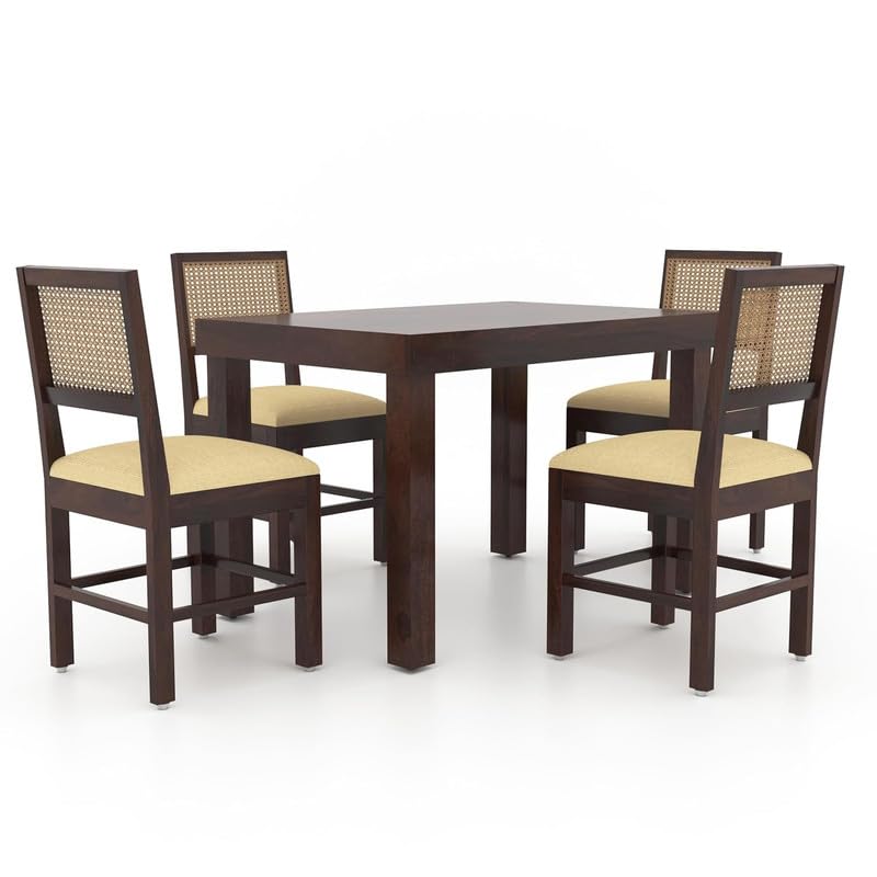Image of Furniture Solid Sheesham Wood 4 Seater Dining Table Set with Cushioned Chairs | Wooden Four Seater Dinner Table Set for Living Room, Kitchen, Dining Area and Home (Walnut Finish)