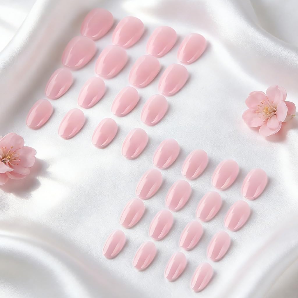 Pack Of 32pcs Short Oval False Nails Elegant Light Pink Glossy Finish Easy To Apply And Durability Artificial Nails