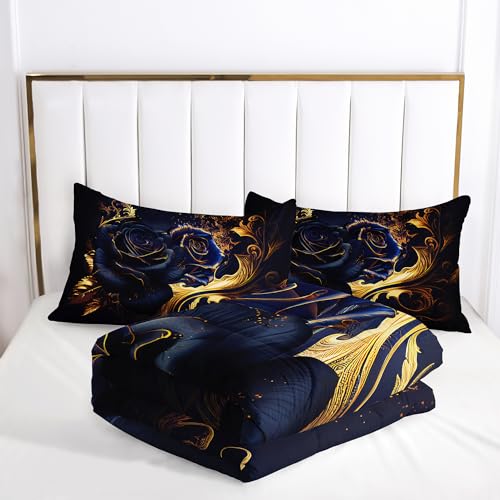 Image of AILONEN Blue Rose Comforter Set - Full Size, Gold Rose Leaves Printed Bedding Set, 3 Pieces Bed in a Bag Flower Printed Comforter Set, 1 Quilt with 2 Pillowcases