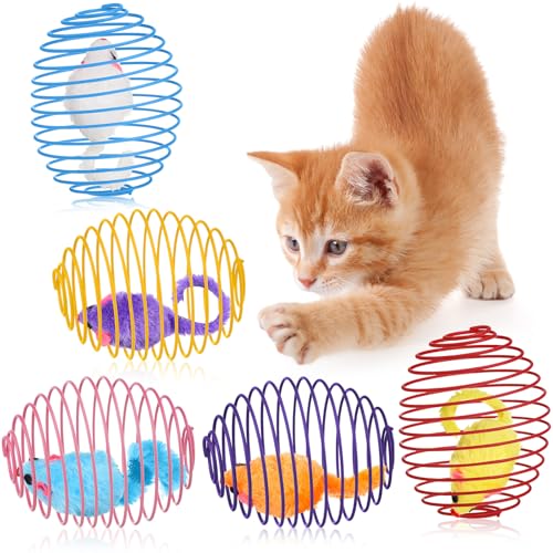 Jecery 5 Pcs Cat Spring Balls Stretchable Springs Toys Rolling Balls Colorful Playful Coils Spring Action Toy Caged Rats for Kitten Cat Pet Supplies Indoor(Multicolor,Mouse)