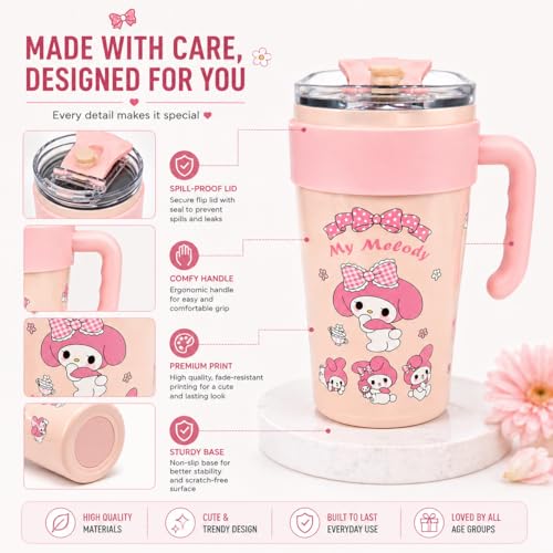 Image of Vasukie Cute Cartoon Stainless Steel Tumbler with Handle & Straw Lid, Leakproof Travel Mug, Reusable Water Cup for Girls, School, Office, Home & Outdoor Use